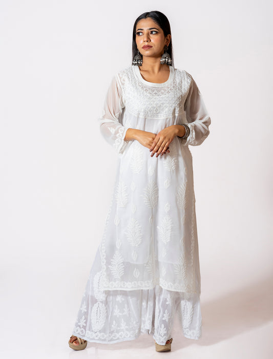 White Kurti Hand Embroided Skin Friendly Semi Georgette Chikankari Lucknow Chikan Emporium.