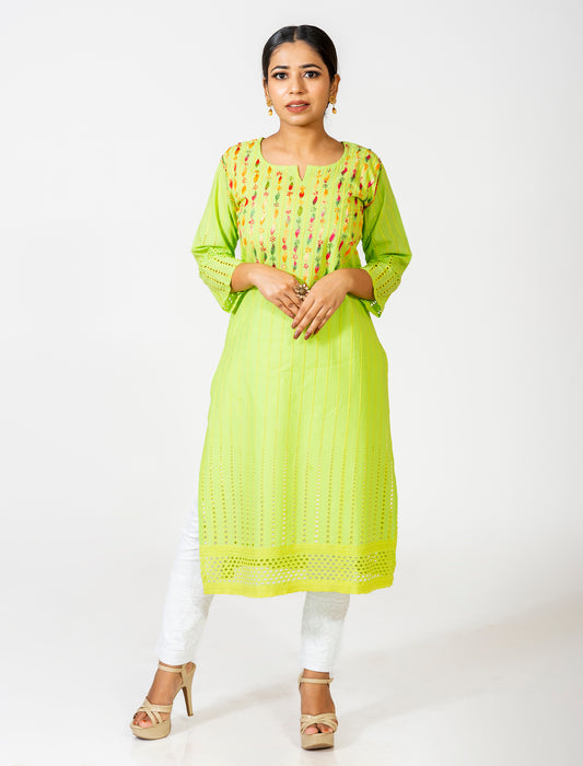 Parrot Green Hand Embroided Skin Friendly Hakava Cotton Chikankari Kurti Lucknow Chikan Emporium.