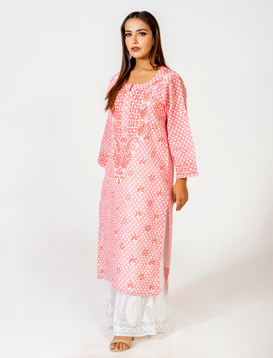 Peach Hand Embroided Skin Friendly Polka Dot Cotton Chikankari Kurti Lucknow Chikan Emporium.