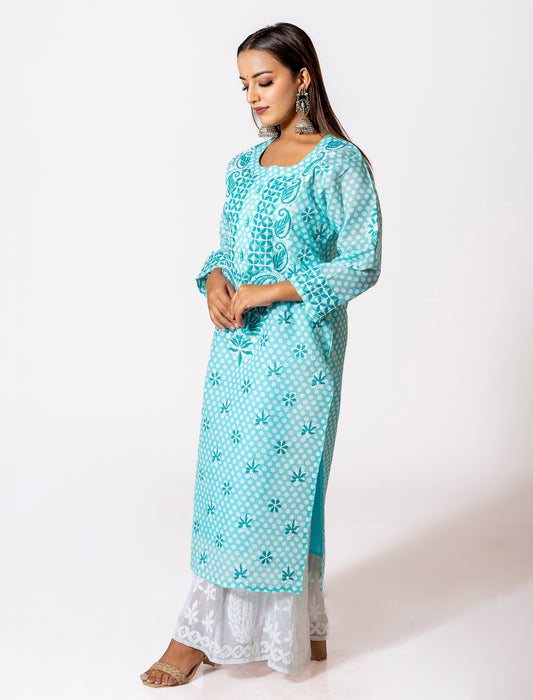 Sea Green Peach Hand Embroided Skin Friendly Polka Dot Cotton Chikankari Kurti Lucknow Chikan Emporium.