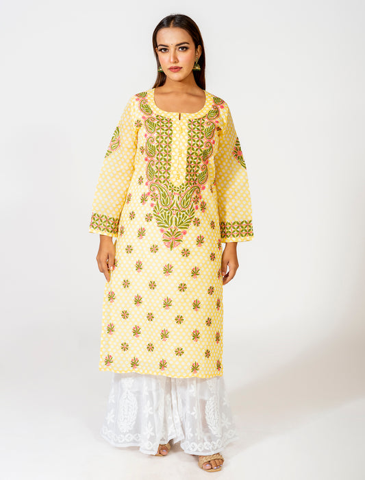 Yellow Hand Embroided Skin Friendly Polka Dot Cotton Chikankari Kurti Lucknow Chikan Emporium.