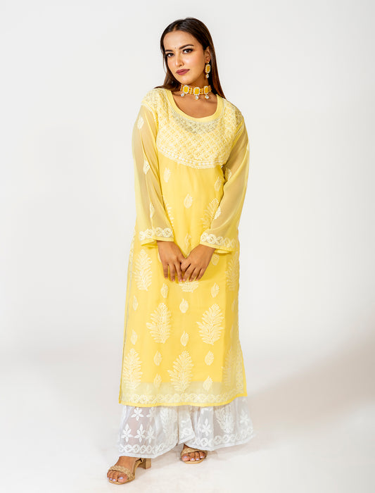 Yellow Hand Embroided Skin Friendly Semi Georgette Chikankari Kurti Lucknow Chikan Emporium.