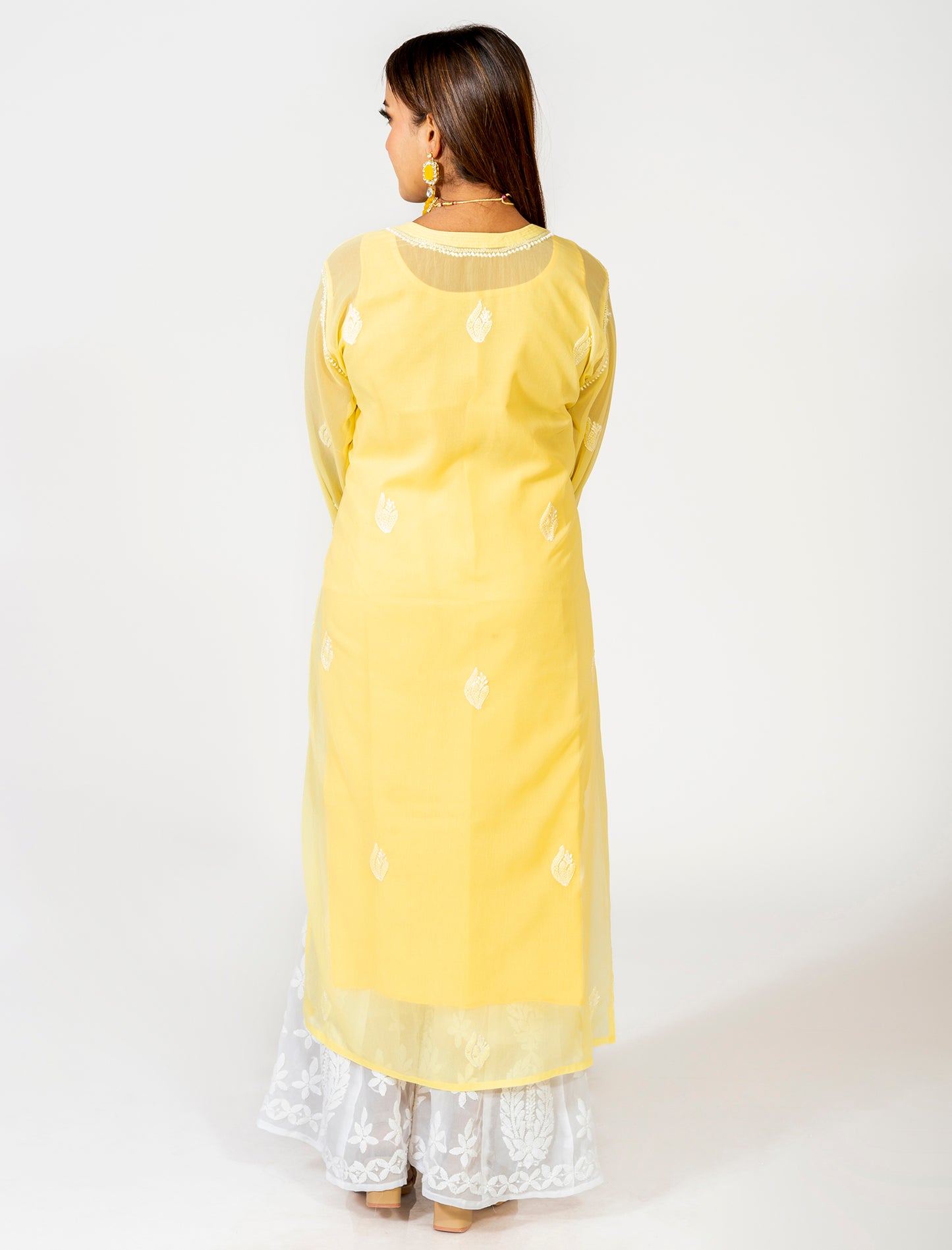 Yellow Hand Embroided Skin Friendly Semi Georgette Chikankari Kurti Lucknow Chikan Emporium.