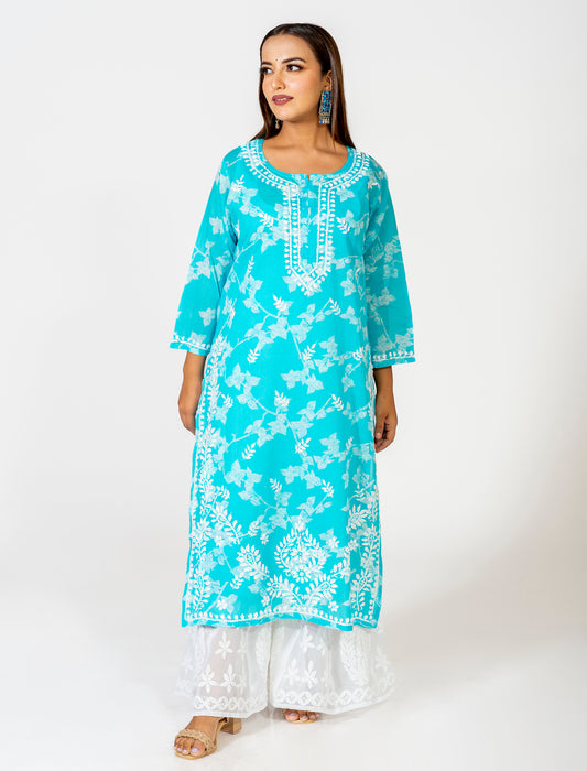 Blue Hand Embroided Skin Friendly Cotton Chikankari Kurti Lucknow Chikan Emporium.