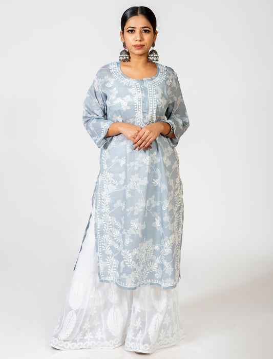 Grey Kurti Hand Embroided Skin Friendly Cotton Chikankari Lucknow Chikan Emporium.