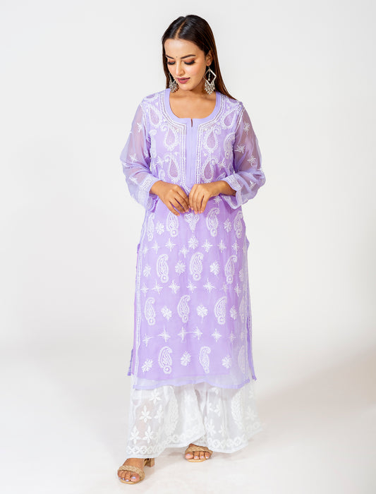 Lucknow Chikan Emporium Skin Friendly Georgette Chikankari Mukaish Kurti Nice Purple Colour.