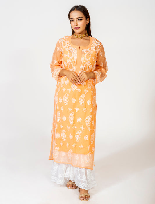 Lucknow Chikan Emporium Skin Friendly Georgette Chikankari Mukaish Kurti Nice Orange Colour.