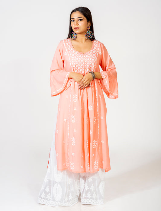 Lucknow Chikan Emporium Skin Friendly Cotton Chikankari Kurti Nice Peach Colour.