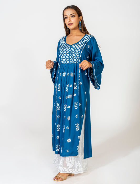 Lucknow Chikan Emporium Skin Friendly Cotton Chikankari Kurti Nice Blue Colour.