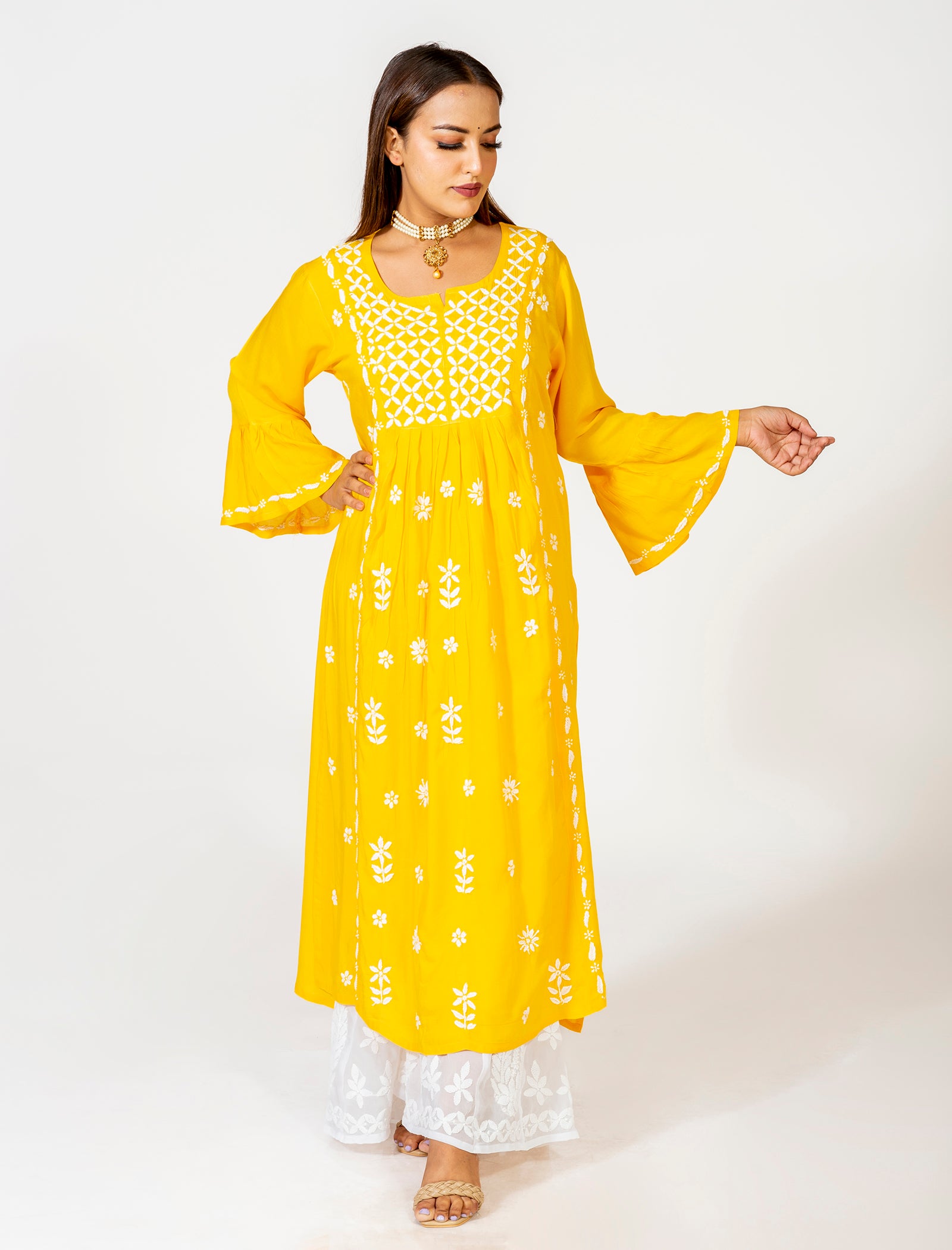 Buy Lucknowi noor Yellow Georgette Chikankari Kurti Women's Georgette Chikan  Kurti Full Sleeves / 2XL Size/Beautiful Chikan Embroidery All Over The Kurti  at Amazon.in