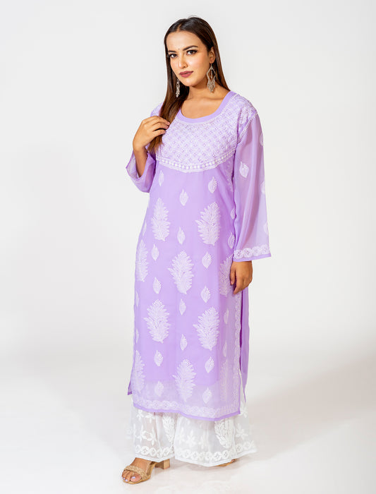 Purple Hand Embroided Skin Friendly Semi Georgette Chikankari Kurti Lucknow Chikan Emporium.