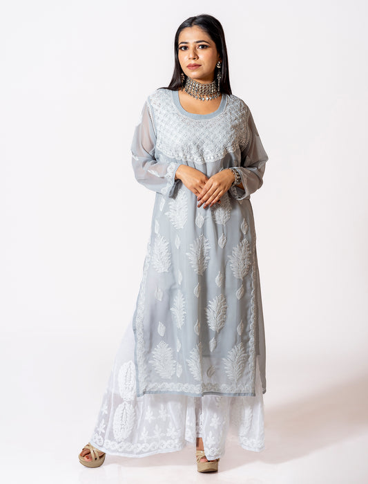 Grey Hand Embroided Skin Friendly Semi Georgette Chikankari Kurti Lucknow Chikan Emporium.