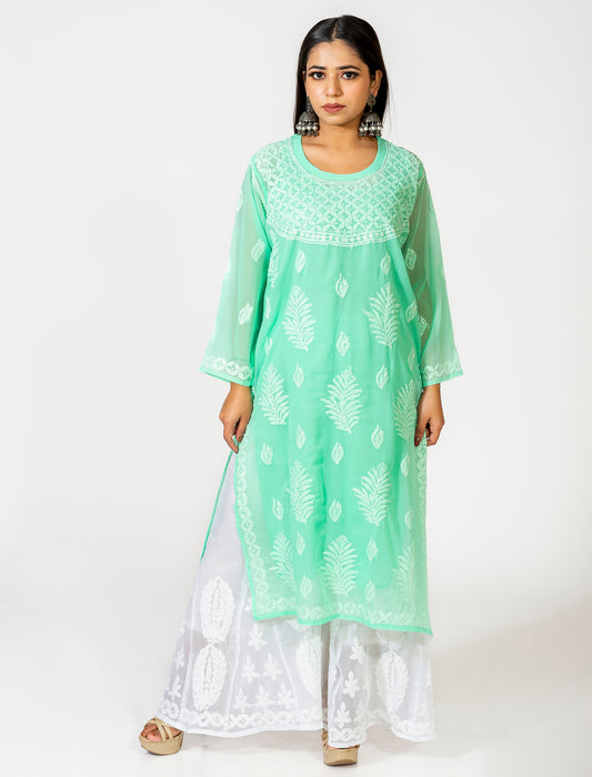 Sea Green Hand Embroided Skin Friendly Semi Georgette Chikankari Kurti Lucknow Chikan Emporium.