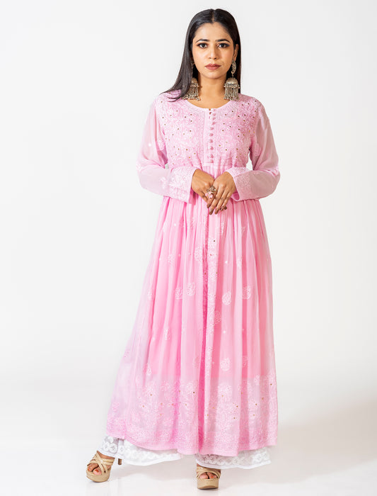 Lucknow Chikan Emporium Skin Friendly Viscose Chikankari Nice Pink Colour Kurti.