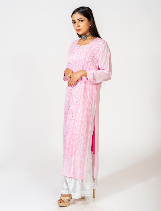 Lucknow Chikan Emporium Skin Friendly Viscose Chikankari Kurti Nice Pink Colour.