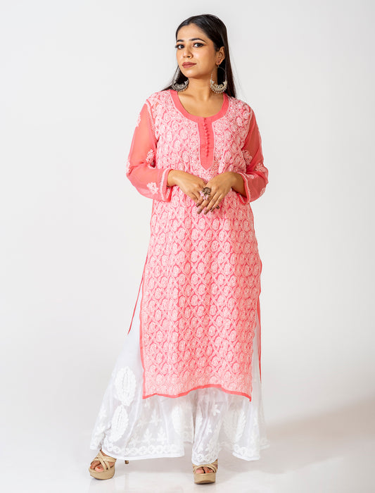 Lucknow Chikan Emporium Skin Friendly Georgette Chikankari Kurti Nice Peach Colour.