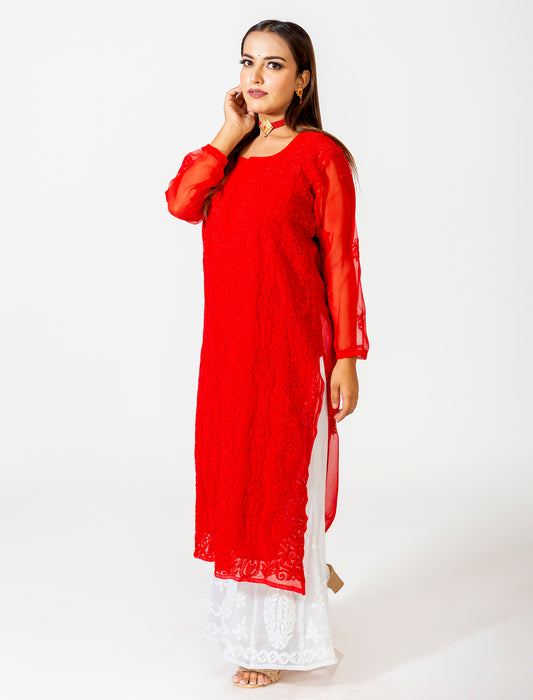 Lucknow Chikan Emporium Skin Friendly Georgette Chikankari Kurti Nice Red Colour.