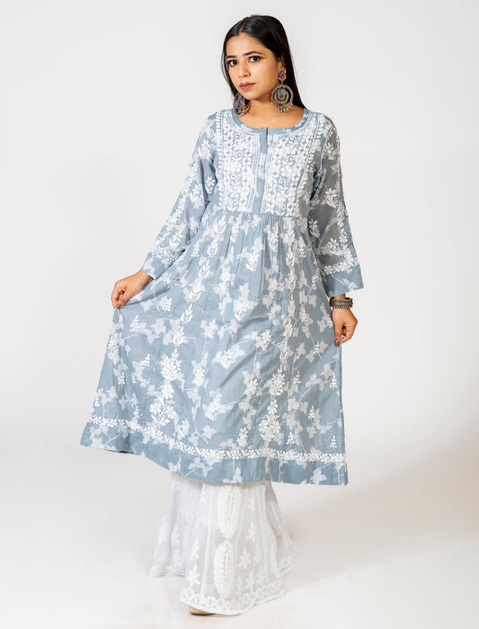 Lucknow Chikan Emporium Skin Friendly Mul Mul Chikankari Kurti Nice Grey Colour.