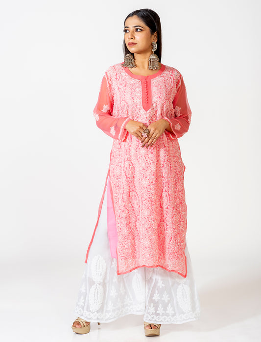 Lucknow Chikan Emporium Skin Friendly Georgette Chikankari Kurti Nice Peach Colour.