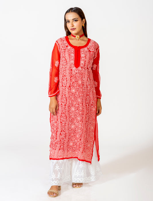 Lucknow Chikan Emporium Skin Friendly Georgette Chikankari Kurti Nice Red Colour.