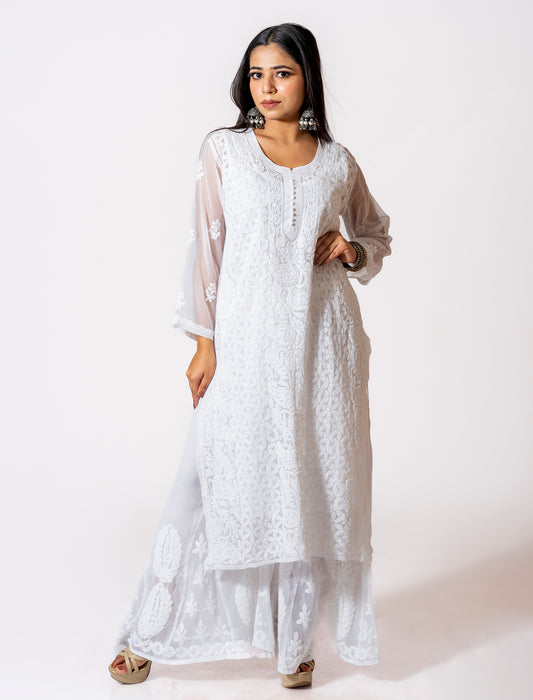 Lucknow Chikan Emporium Skin Friendly Georgette Chikankari Kurti Nice White Colour.