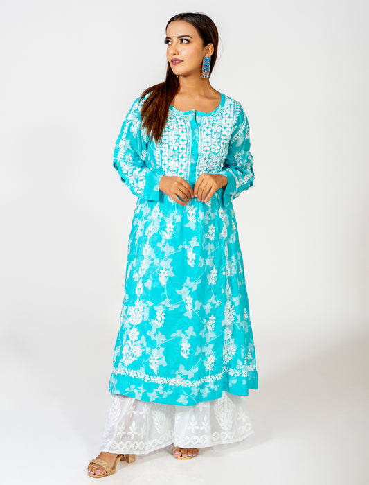 Lucknow Chikan Emporium Skin Friendly Mul Mul Chikankari Kurti Nice Blue Colour.