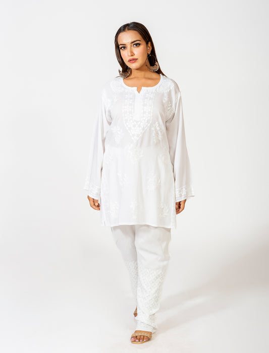 Lucknow Chikan Emporium Super Soft Fine modal  Chikankari Kurti White Colour.