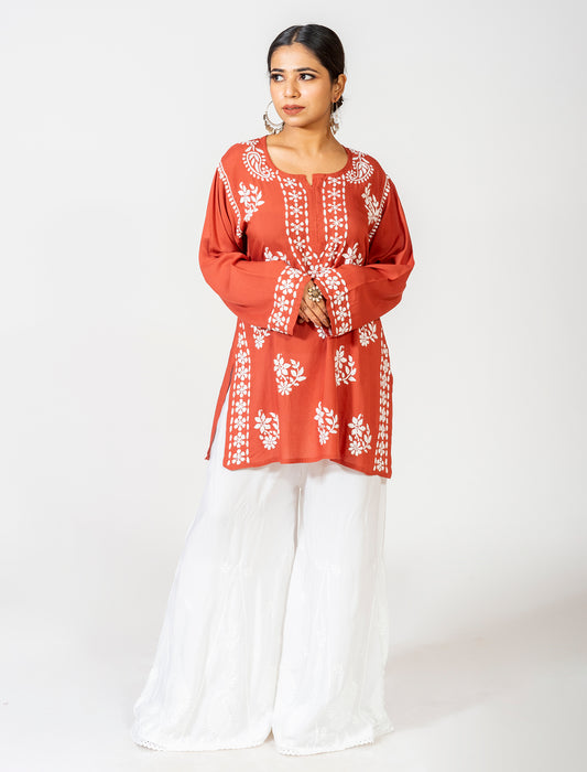 Lucknow Chikan Emporium Super Soft Fine Modal Chikankari Kurti Brown Colour.