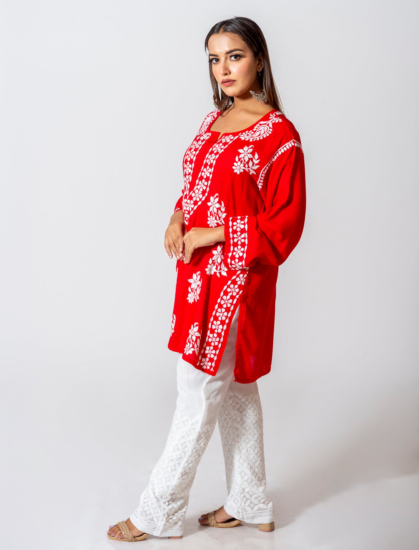 Lucknow Chikan Emporium Super Soft Fine Modal Chikankari Kurti Red Colour.