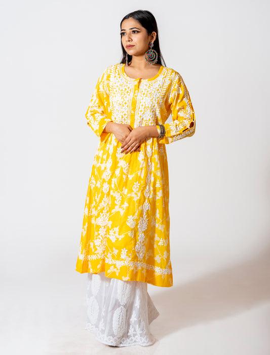 Lucknow Chikan Emporium Skin Friendly Mul Mul Chikankari Kurti Nice Yellow Colour.