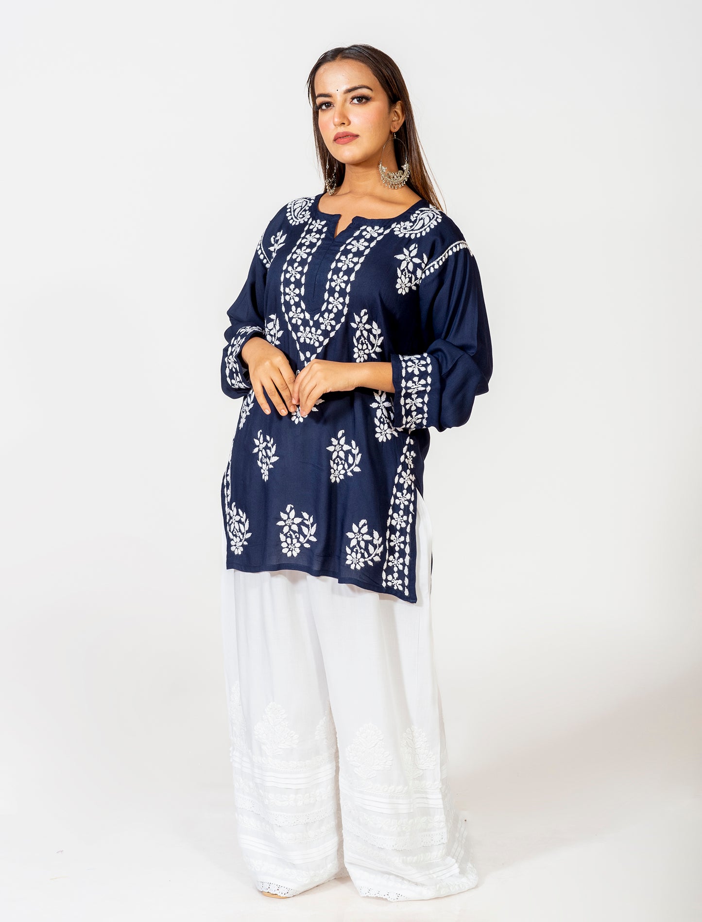 Lucknow Chikan Emporium Super Soft Fine modal Chikankari Kurti Royal Blue Colour.