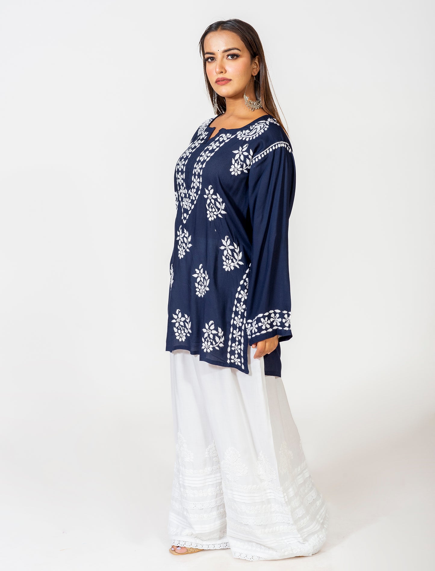 Lucknow Chikan Emporium Super Soft Fine modal Chikankari Kurti Royal Blue Colour.