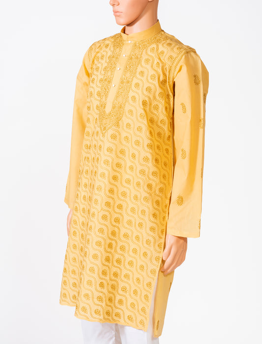 Lucknow Chikan Emporium Cotton Yellow Colour Gents Kurta Fancy Hand Chikankari.