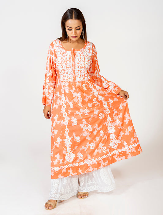 Lucknow Chikan Emporium Skin Friendly Mul Mul Chikankari Kurti Nice Orange Colour.