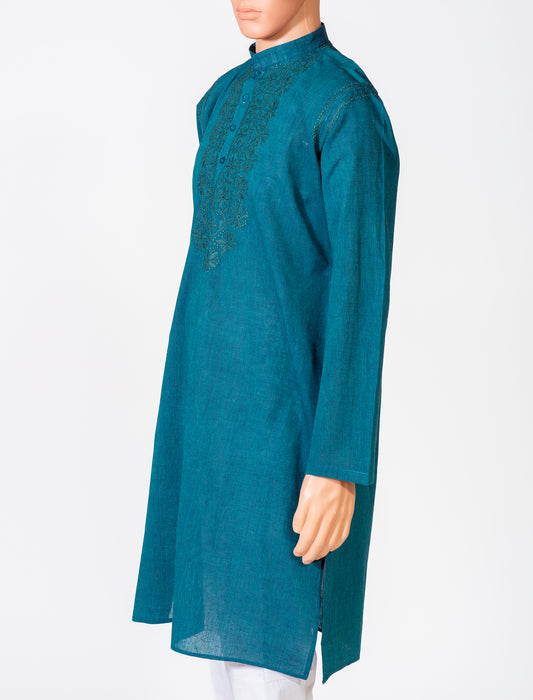 Lucknow Chikan Emporium Cotton peacock blue Colour Gents Kurta Fancy Hand Chikankari On Neck.