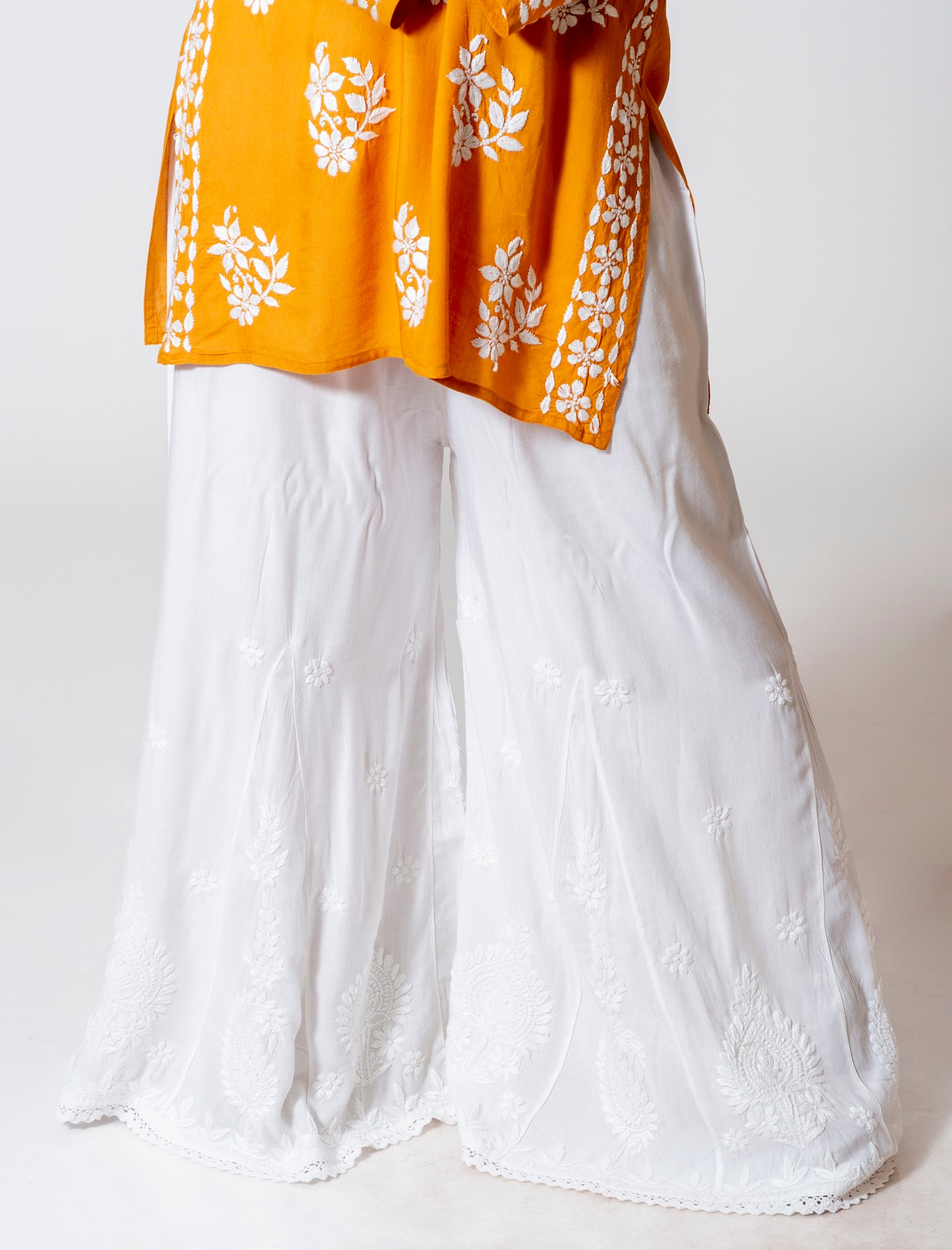 Soft Skin Friendly Dyable Modal Palazoo With Cotton Thread Hand Chikan Embroided Lucknow Chikan Emporium.