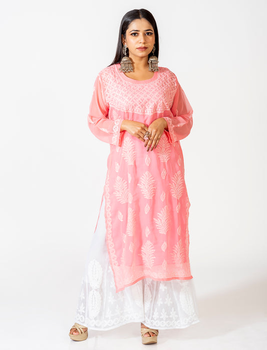 Peach Hand Embroided Skin Friendly Semi Georgette Chikankari Kurti Lucknow Chikan Emporium.