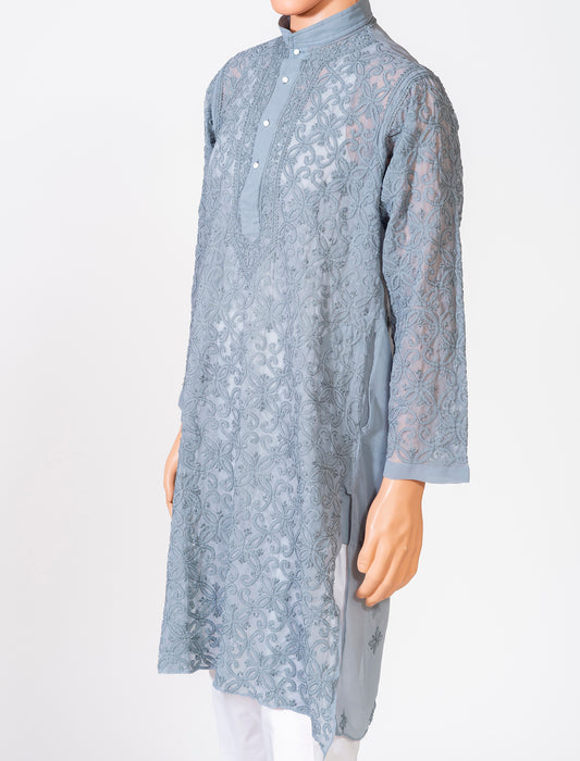 Lucknow Chikan Emporium Georgette Grey Colour Gents Kurta Fancy Hand Chikankari.