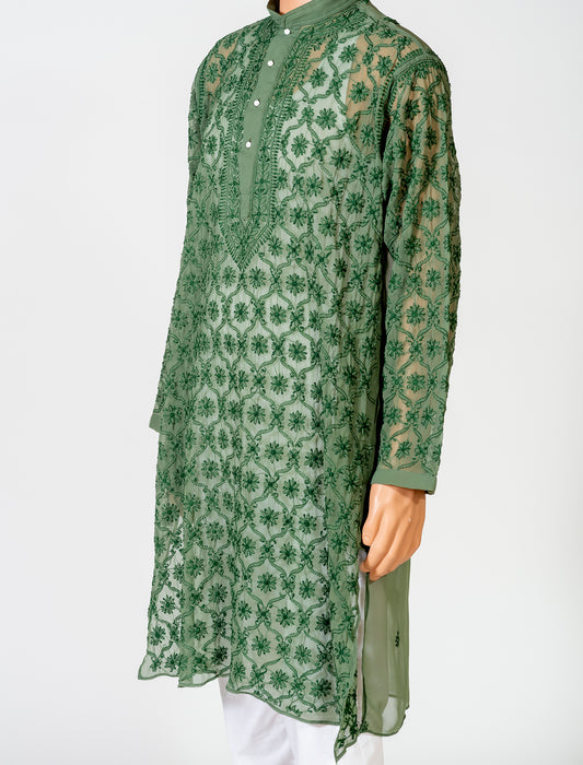 Lucknow Chikan Emporium Georgette Green Colour Gents Kurta Fancy Hand Chikankari.