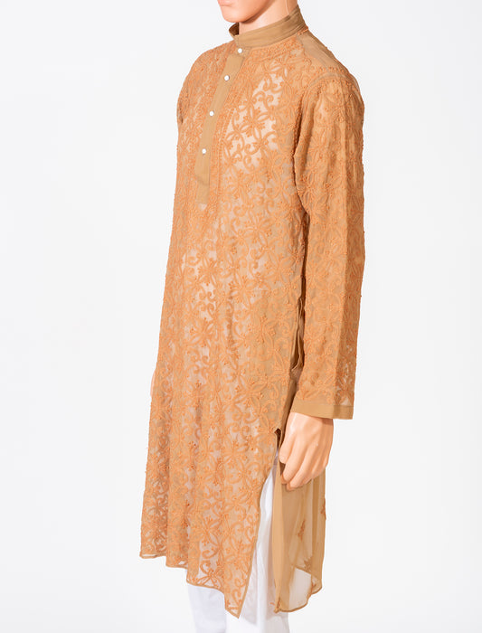 Lucknow Chikan Emporium Georgette Coffee Brown Colour Gents Kurta Fancy Hand Chikankari.