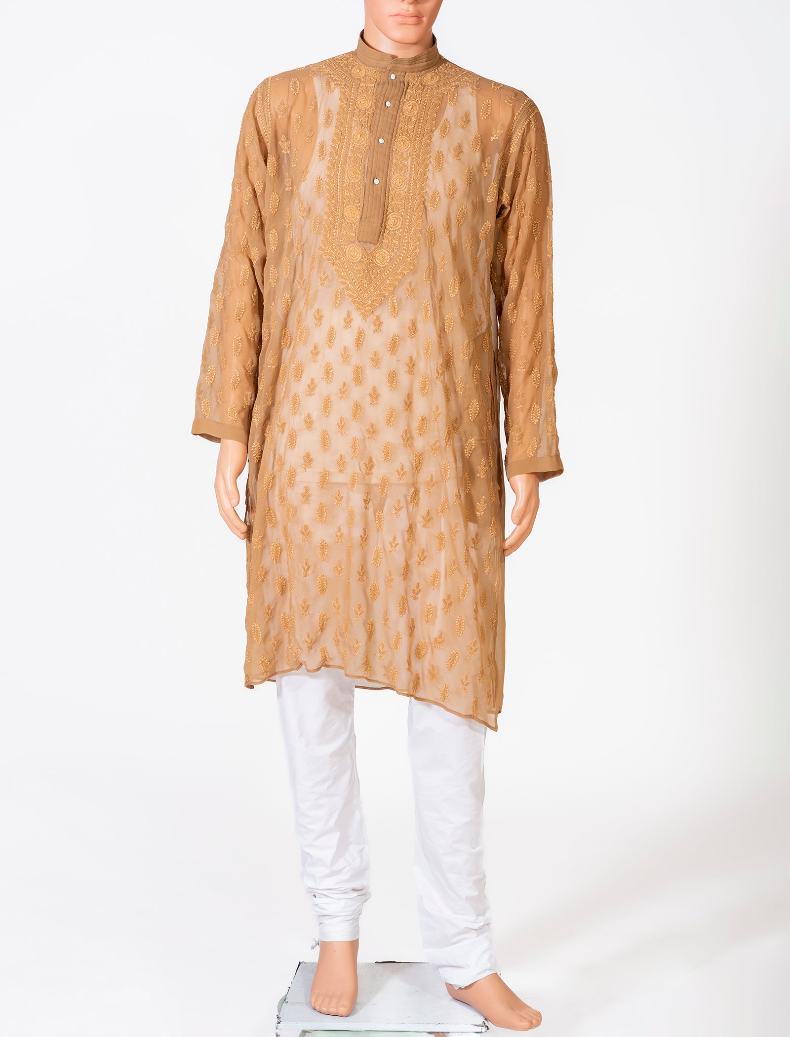 Lucknow Chikan Emporium Georgette Coffee Brown  Colour Gents Kurta With Self Stripes And Fancy Hand Chikankari On Neck.