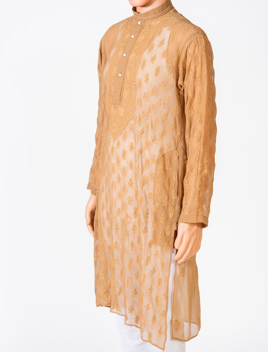 Lucknow Chikan Emporium Georgette Coffee Brown  Colour Gents Kurta With Self Stripes And Fancy Hand Chikankari On Neck.