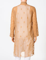 Lucknow Chikan Emporium Georgette Coffee Brown  Colour Gents Kurta With Self Stripes And Fancy Hand Chikankari On Neck.