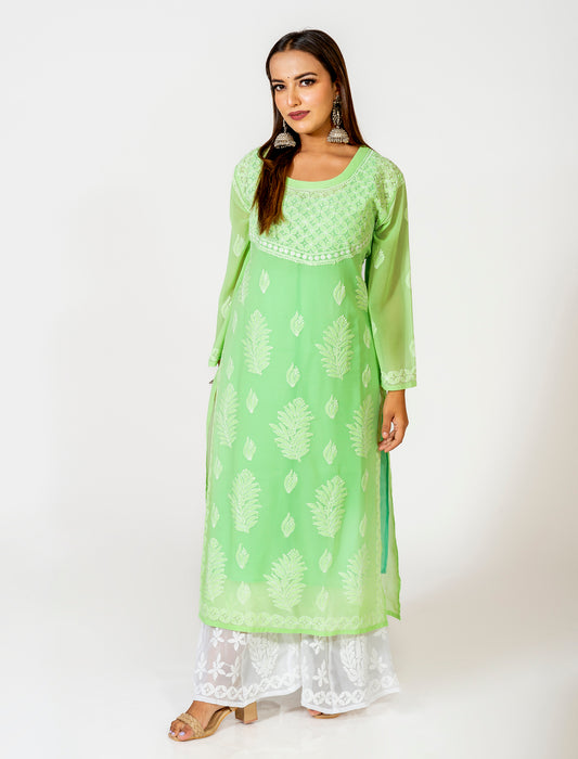 Green Hand Embroided Skin Friendly Semi Georgette Chikankari Kurti Lucknow Chikan Emporium.