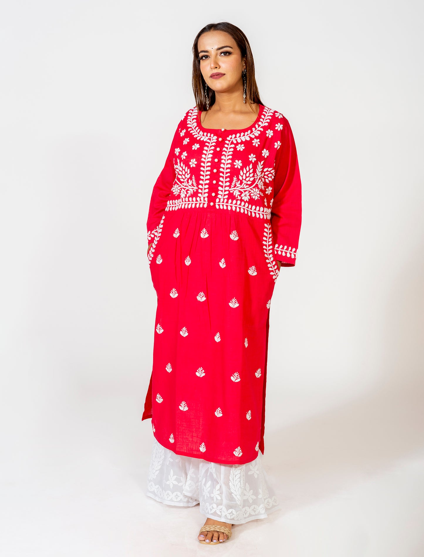 Red Colour Hand Embroided Skin Friendly South Cotton Pocket Kurti Lucknow Chikan Emporium.
