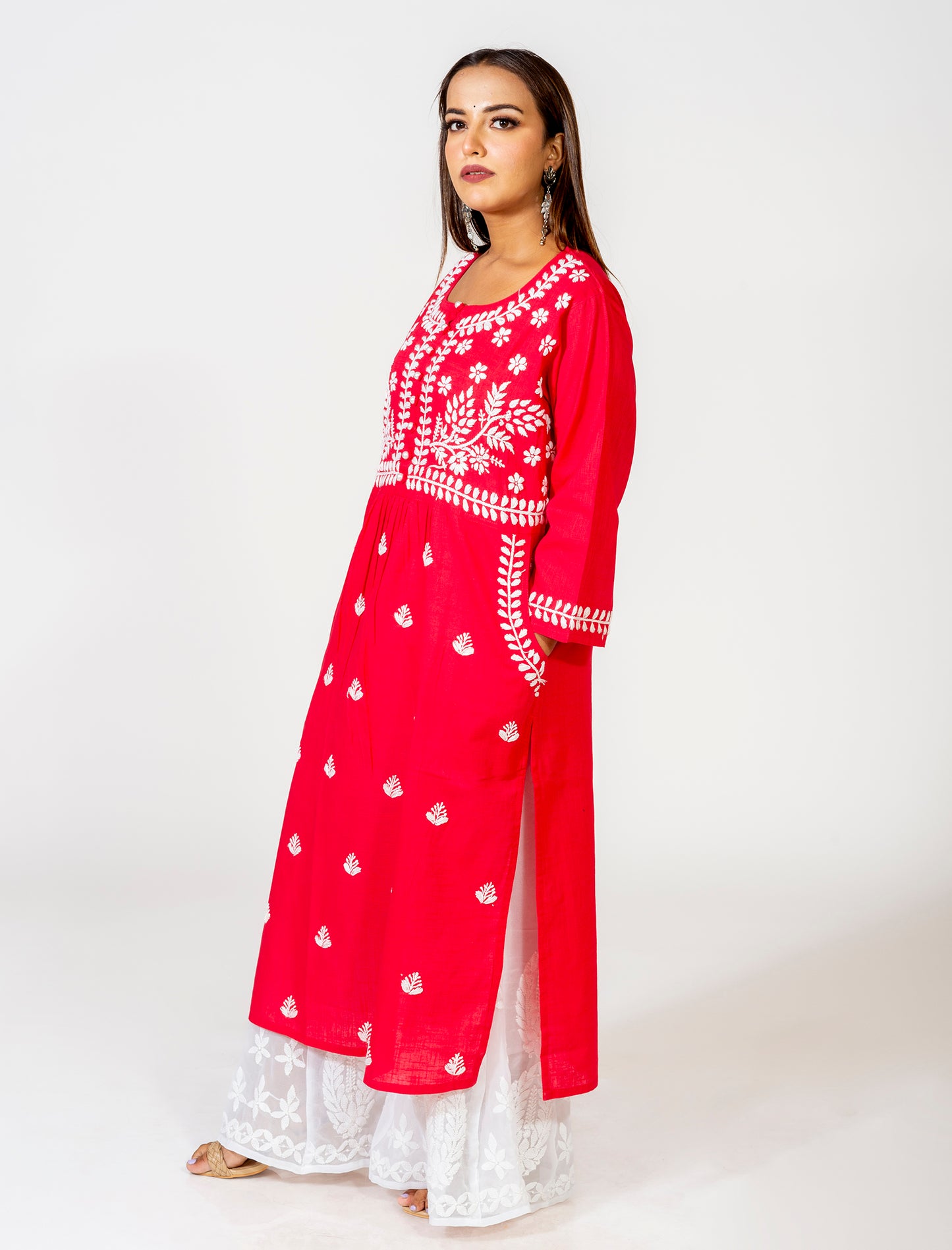 Red Colour Hand Embroided Skin Friendly South Cotton Pocket Kurti Lucknow Chikan Emporium.
