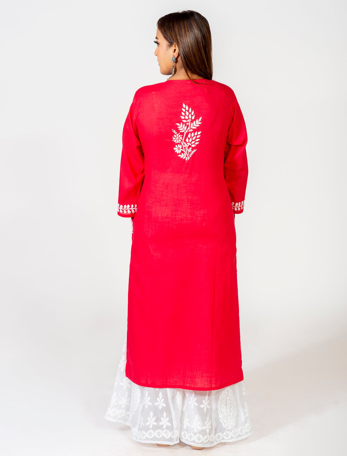 Red Colour Hand Embroided Skin Friendly South Cotton Pocket Kurti Lucknow Chikan Emporium.