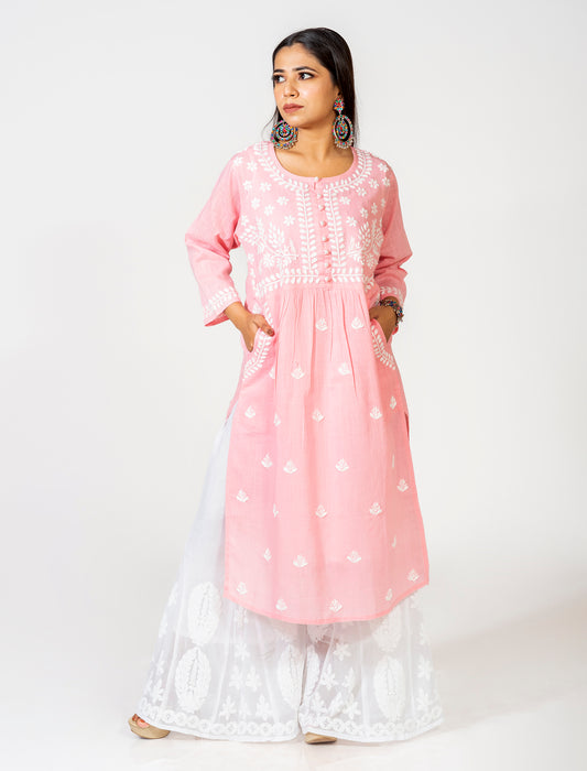 Pocket Pink Colour Hand Embroided Skin Friendly South Cotton Kurti Lucknow Chikan Emporium.