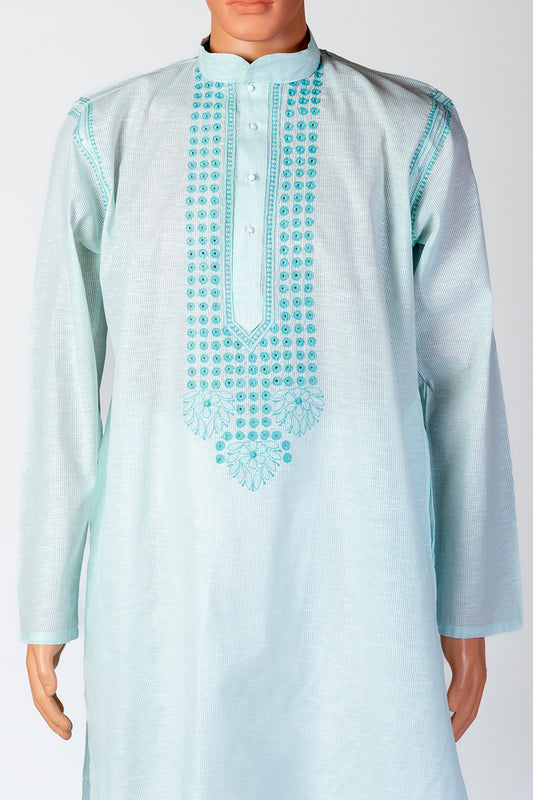 Lucknow Chikan Emporium Cotton Sea Green Colour Gents Kurta Fancy Hand Chikankari.