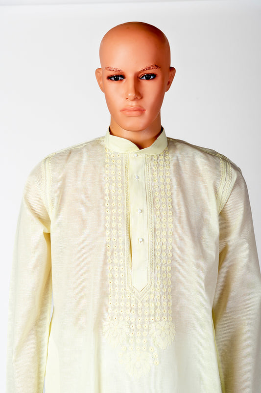 Lucknow Chikan Emporium Cotton Yellow Colour Gents Kurta Fancy Hand Chikankari.